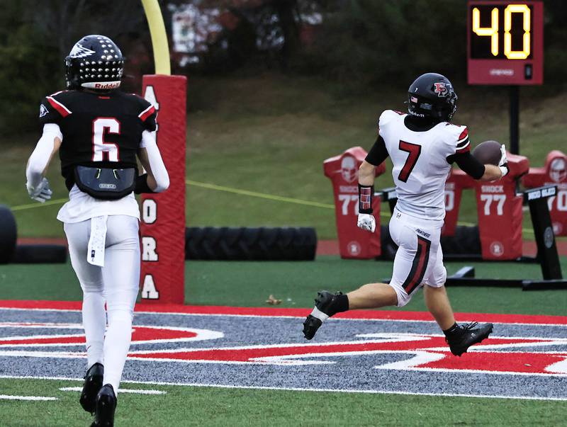 Erie-Prophetstown’s Gaven Adams cruise into the end zone Saturday, Nov. 1, 2025 at Aurora Christian High School to give the Panthers their first touchdown of the game. The Panthers lost to the hosting Eagles 37-12