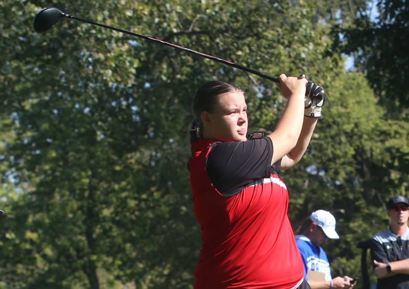 Earlville's Sierra Majestic tees off during the Class 1A Regionals on Tuesday, Sept. 30, 2025 at Spring Creek Golf Course in Spring Valley.