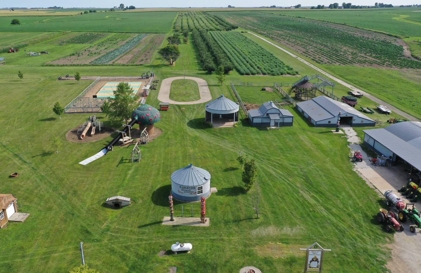 An aerial view of Boggios Orchard and Produce on Wednesday, July 19, 2023 in Granville.