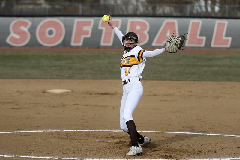 Jacobs’s Addie St. Ledger pitches during a non-conference softball game against Palatine Monday, March 20, 2023, at Palatine High School.