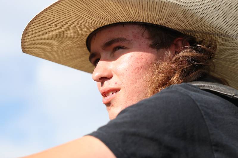 Dominic Dubberstine-Ellerbrock looks on during practice. Dominic will be competing in the 2022 National High School Finals Rodeo Bull Riding event on July 17th through the 23rd in Wyoming. Thursday, June 30, 2022 in Grand Ridge.