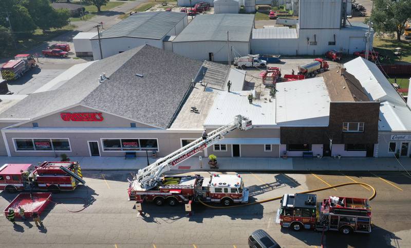 An aerial view of firefighters working the scene of a fire at Grassers Heating and Plumbing on Wednesday, Sept. 17, 2025 in McNabb. The fire began shortly before 10a.m. A Mutual Aid Box Alarm System (MABAS) was elevated to the fourth-alarm. No one was injured in the fire. Fire departments from McNabb, Peru, Utica, Henry, Ladd, Hennepin, Granville, Oglesby, Spring Valley, Leonore, Troy Grove, Seatonville, Wenona, Standard, Lacon-Sparland, Bureau and Tonica all responded to the scene. Firefighters left the scene at 11:30a.m.
