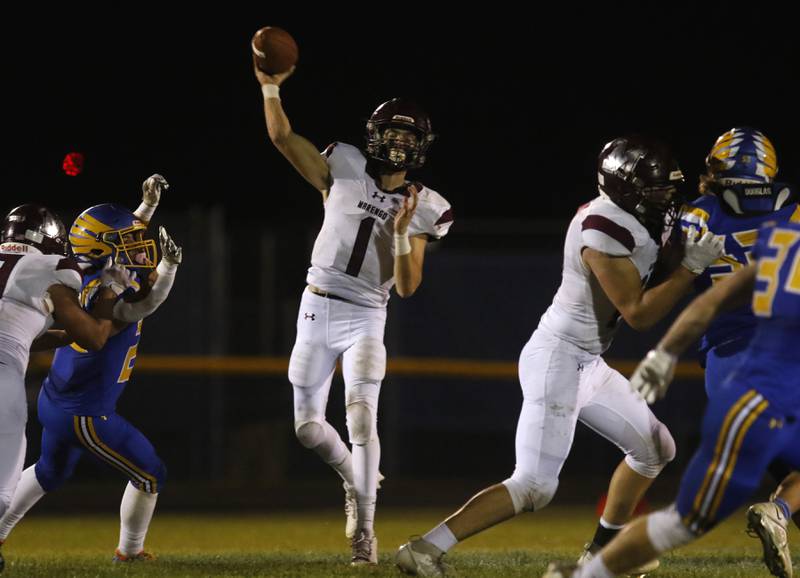 Marengo’s David Lopez throws a pass during a Kishwaukee River Conference football game against Johnsburg on Friday, Sept. 15, 2023, at Johnsburg High School.