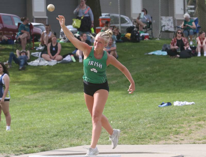 Seneca's Lainie Olson competes in the shot put during the Class 1A Sectional track meet on Thursday, May 15, 2025 at Seneca High School.