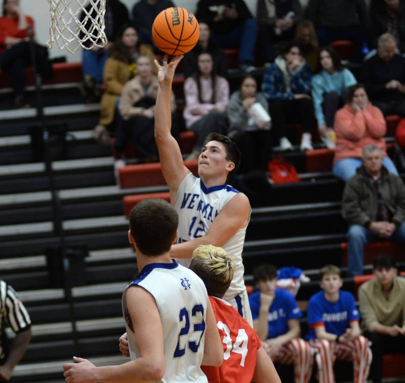 Sterling Newman's Evan Bushman (12) shoots against Oregon on Wednesday, Dec. 18, 2024 at the 63rd Annual Forreston Holiday Tournament.