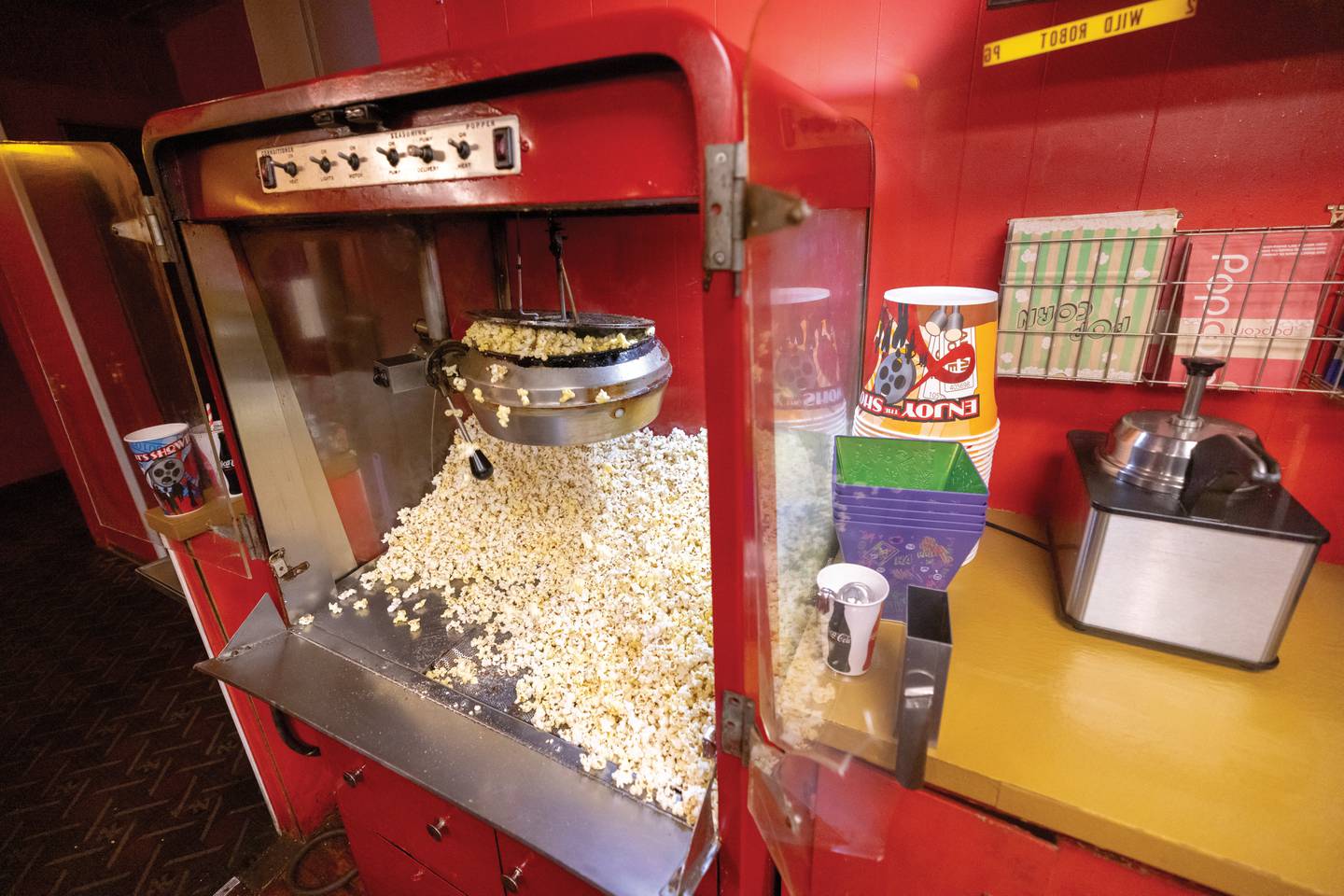 The Cretors popcorn machine at the Apollo Theater in Princeton is a vintage model from the 1960s. The company no longer manufactures the machines.