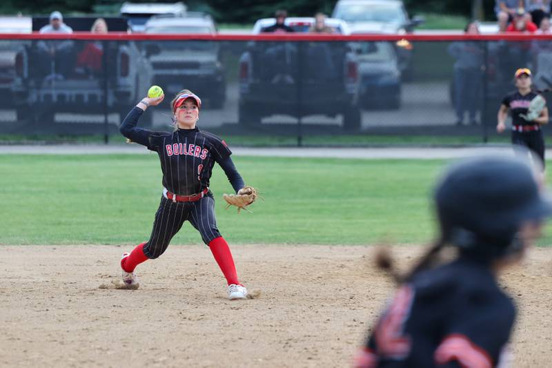 Bradley-Bourbonnais’ Shannon Lee throws to first base during the Boilermakers' 8-0 victory over Normal Community in the IHSA Class 4A Bradley-Bourbonnais Regional semifinal on Tuesday, May, 27, 2025.