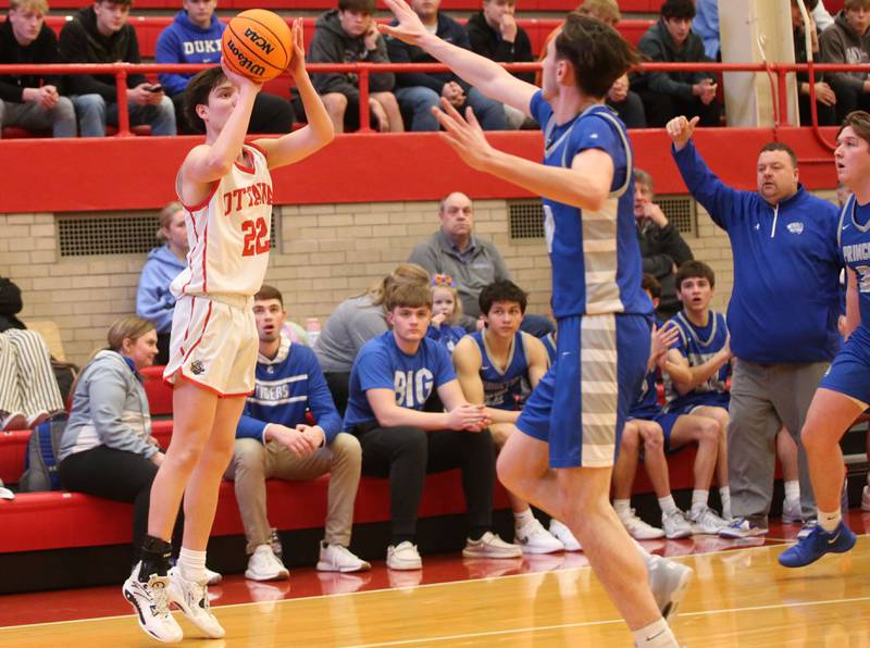 Ottawa's Klyer Araujo shoots a jump shot against Princeton on Monday, Feb. 3, 2025 in Kingman Gymnasium at Ottawa High School.