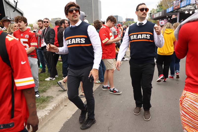 Jeremiah Pollock, of Mokena, and Brett Thomas work through the crowds dressed as Hall of Fame Chicago Bears coach Mike Ditka at the 2023 NFL Draft on Thursday, April 27, 2023 in Kansas City, MO.