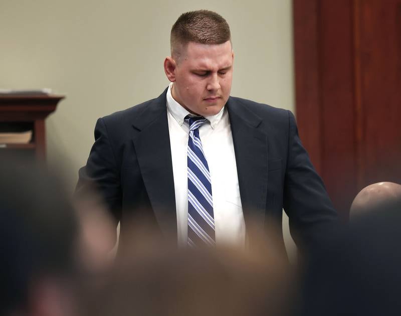 Former police officer James Corralejo becomes emotional as he addresses the family of Graciela Reza Contreras during a statement prior to his sentencing Thursday, July 17, 2025, at the DeKalb County Courthouse in Sycamore. Corralejo was sentenced to four years in prison for a Class 2 felony count of driving under the influence of alcohol causing death for a 2023 crash that killed Reza Contreras.