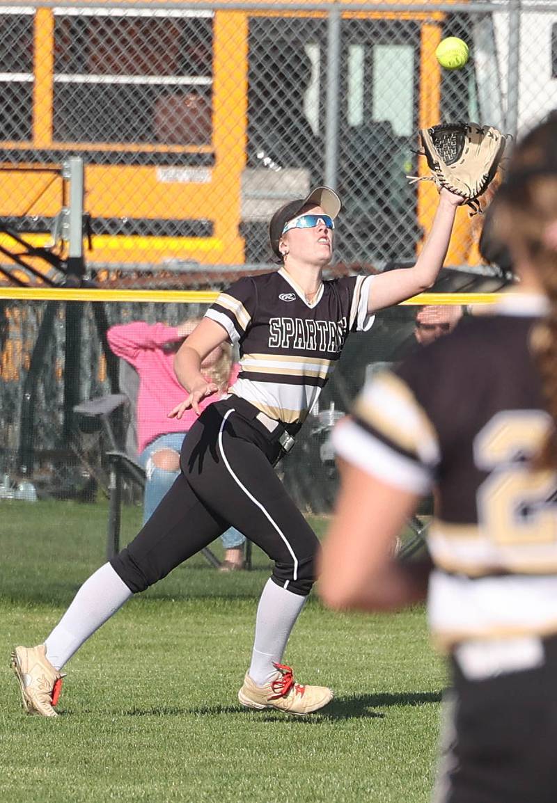 Sycamore's Brighton Snodgrass makes a running catch Friday, April 28, 2023, during their game against Kaneland at Sycamore High School.