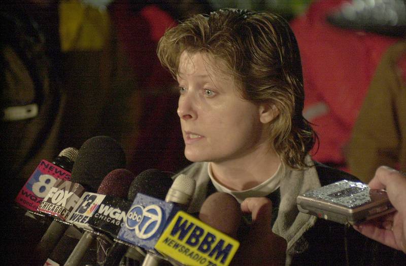 Former La Salle County corner Jody Bernard addresses Chicago media on the evening of the tornado on Tuesday April 20, 2004 in Utica.