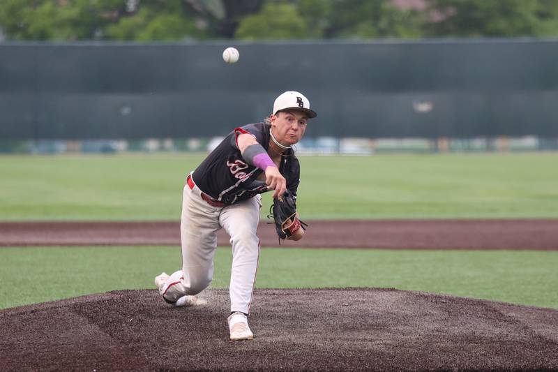 Bradley-Bourbonnais’ Cody Freitas releases a pitch during the Boilermakers’ 2-0 loss to Normal Community in the IHSA Class 4A Illinois Wesleyan University Sectional semifinal on Thursday, June 5, 2025.