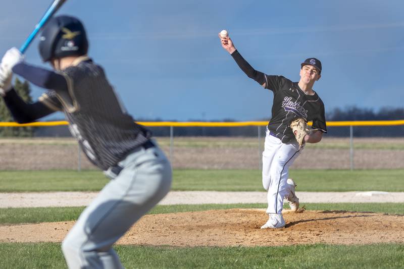 Beau Raikes of Serena pitches to batter on Monday, April 7, 2025 at Serena High School in Serena.