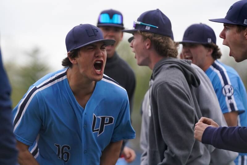 Lake Park's Lewis Slade (16) reacts after pitching out of a bases loaded jam in the 5th inning against Geneva during a baseball game at Geneva High School on Wednesday, April 17, 2024.