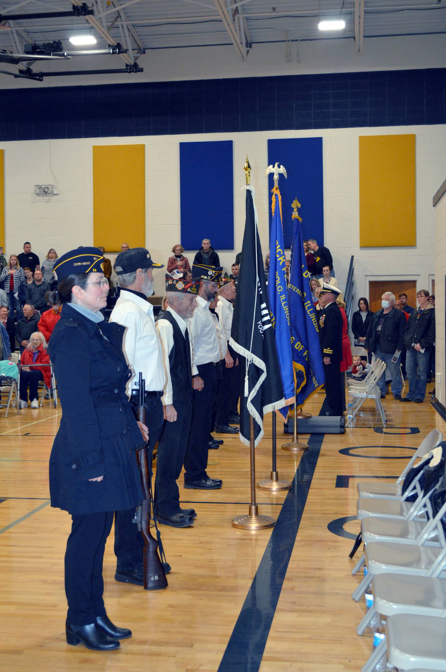 Polo's Honor Guard present the flags at the start of a Nov. 11 Veterans Day ceremony at Centennial Elementary School, which was attended by more than 100 people in addition to students and staff. The Honor Guard's members are from Patrick Fegan American Legion Post No. 83 and Veterans of Foreign Wars Post 8455.