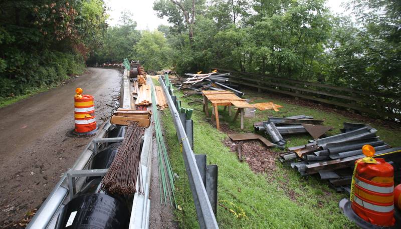 Construction materials are used for a retaining wall along Buffalo Rock's State Park entrance road on Monday, Aug. 14, 2023. The Illinois Department of Transportation announced more temporary closures for the park. The park will be closed Tuesday, Aug. 15, through Thursday, Aug. 17; Tuesday, Aug. 22, through Thursday, Aug. 24; Tuesday, Aug. 29, through Wednesday, Aug. 30; Tuesday, Sept. 5, through Thursday, Sept. 7; and Tuesday, Sept. 12, through Thursday, Sept. 14.
