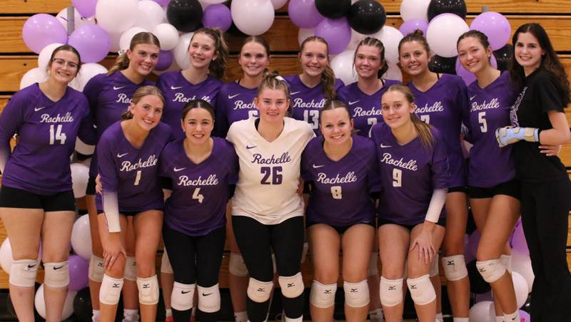 Members of the Rochelle volleyball team pose during Senior Night against Ottawa on Thursday, Oct. 23, 2025.