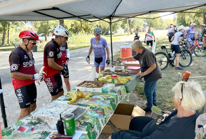 Sherry Monroe and Judy Webb of the John Deere Historic Site served bicyclists at the John Deere Historic Site rest stop during the 10th annual TOSOC (Tour of Scenic Ogle County) on Saturday, Sept. 27, 2025.