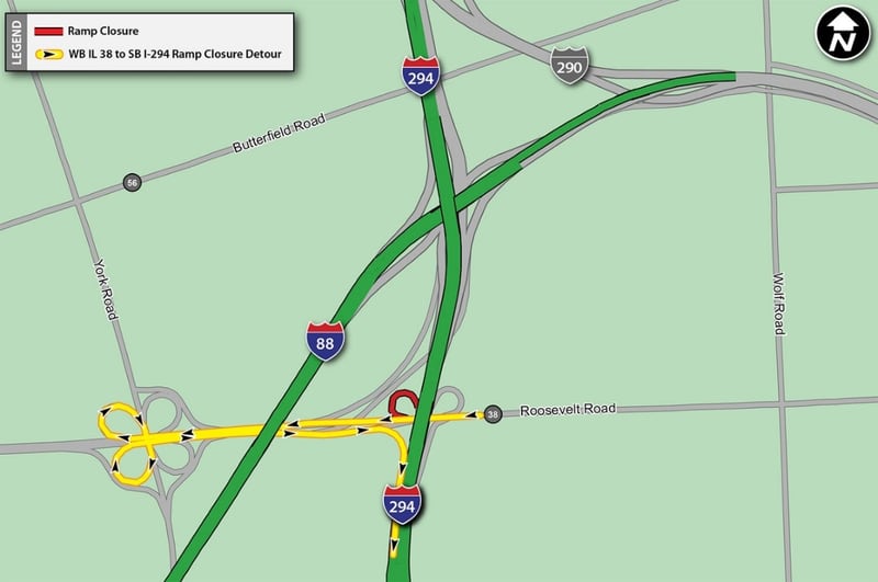 This map shows work zones in proximity to Interstates 88, 294 and 290 near Roosevelt Road.