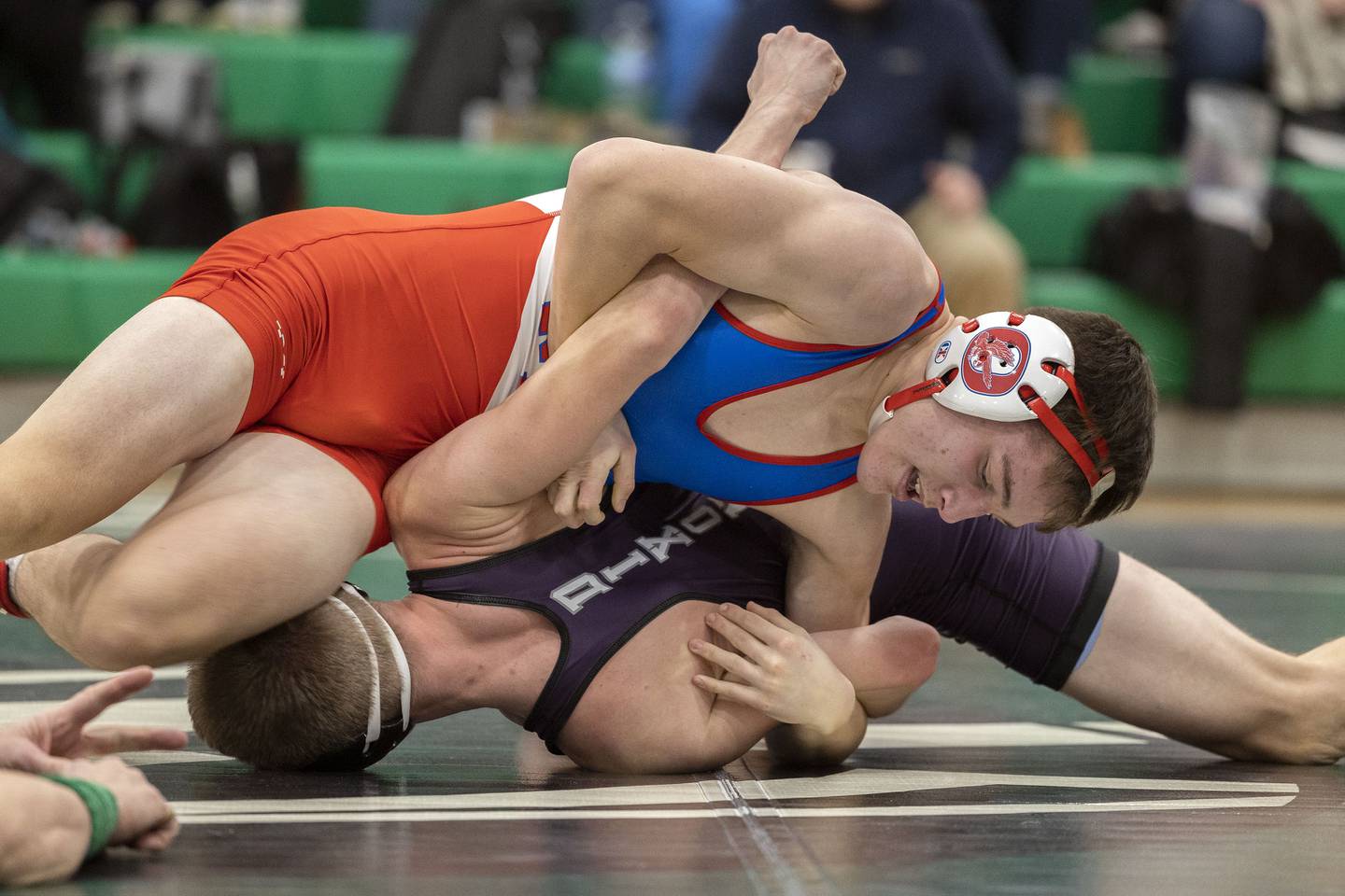 Oregon’s Grant Stender pins Dixon’s Konner Koehler at 152 pounds Thursday, Jan 19, 2023 in Rock Falls.