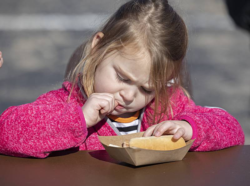 Teagan Hardey, 3, opted for a hot dog at the Elks Club chili cookoff Sunday, Oct. 22, 2023 in Dixon.