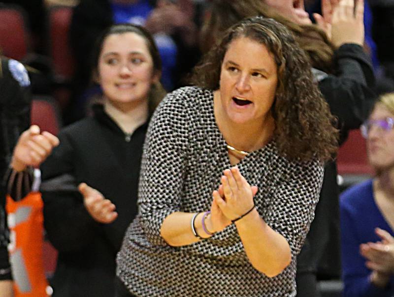 St. Francis's head coach Lisa Ston applauds her team during a timeout in the Class 3A semifinal game on Friday, Nov. 11, 2022 at Redbird Arena in Normal.