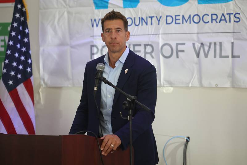 Secretary of State Democratic Nominee Alexi Giannoulias speaks at the Will County Latinx Day of Action, an effort to talk with and engage with Latinx voters, at El Camaleon Bar and Grlll in Joliet. Saturday, Oct. 1, 2022, in Joliet.