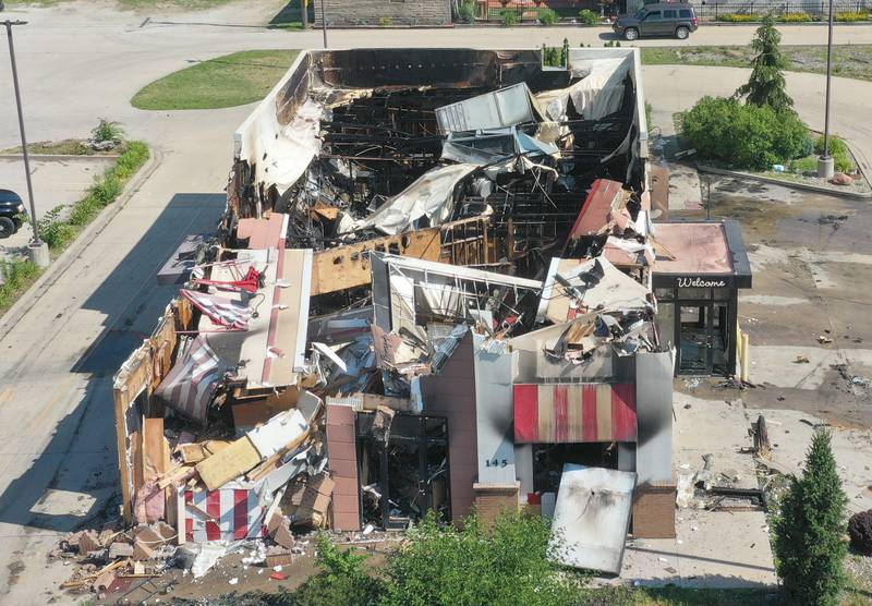 An aerial photo of the aftermath of the Kentucky Fried Chicken restaurant shows how the fire destroyed the building on Tuesday, June 28, 2022 in La Salle. Five fire departments were dispatched to the restaurant shortly after 2a.m. The State Fire Marshal is investigating the cause.