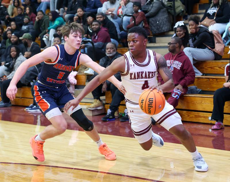 Kankakee's Myair Thompson breaks toward the lane during the Kays' 74-60 victory over Mahomet-Seymour on Tuesday, Dec. 2, 2025.