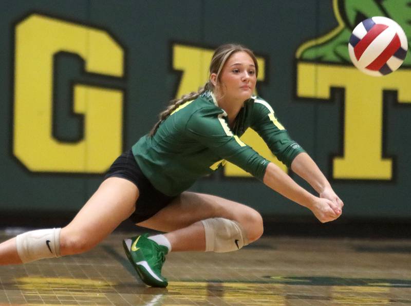 Crystal Lake South’s Bobbi Wire returns the ball against Crystal Lake Central in varsity volleyball at Crystal Lake South High School in Crystal Lake on Tuesday, Oct. 7, 2025.