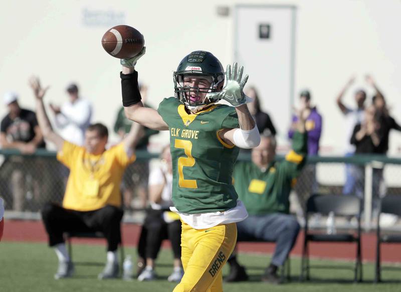 Elk Grove’s Garrett Ewen, 2, celebrates a long pass reception Saturday October 29, 2022 in Elk Grove Village.