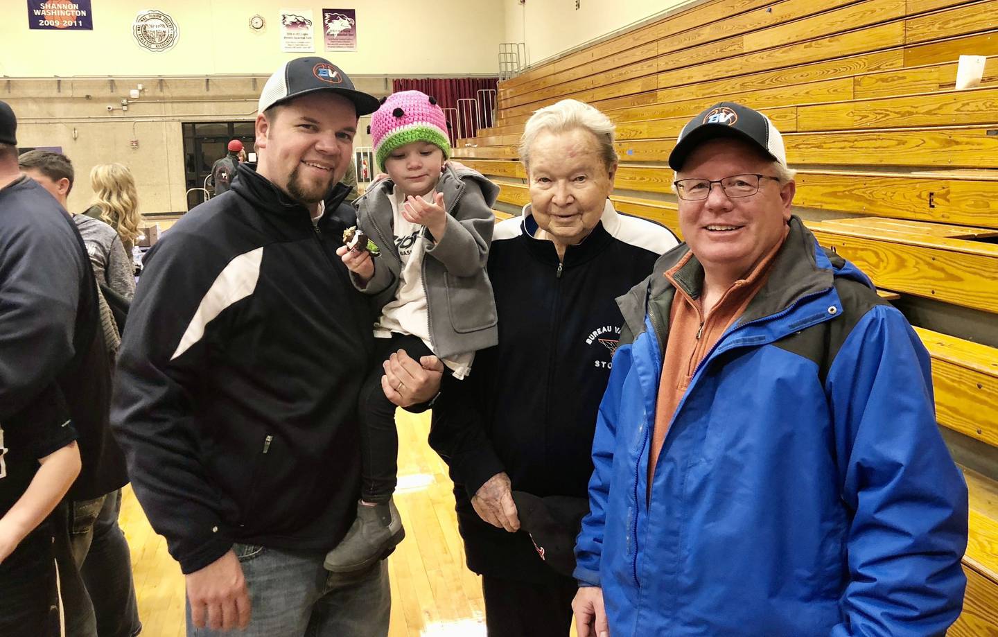 Bureau Valley coach Jason Marquis and his daughter attended an Illinois Valley All-Star Game at IVCC to watch her favorite player, Andrew Petros. They were accompanied by super fans, Grandpa Wayne Moore and Roger Bolin. Bolin was the step father of Marquis, entering his life when he was in third grade.