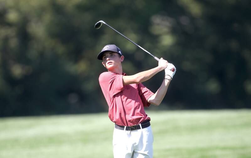 Benet’s Luke Donovan tees off during the Class 3A Plainfield North Boys Golf Sectional at Whitetail Ridge Golf Course in Yorkville on Monday, Oct. 2, 2023.