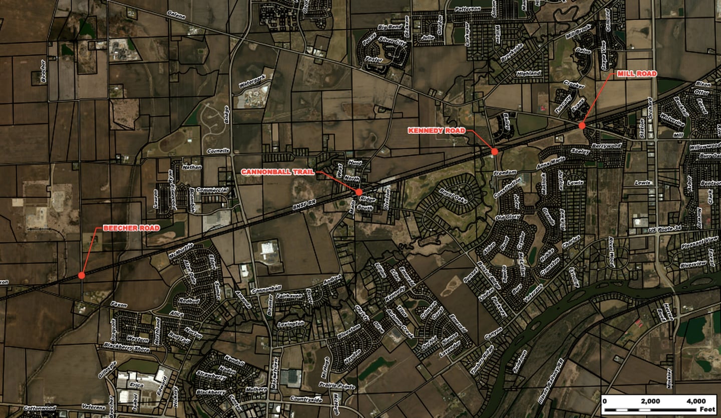 The railroad crossings along the BNSF tracks in northern Yorkville currently have gates. Plastic delineator strips will be used to create 'Quiet Zones' with signs instructing trains to refrain from using their horns.
