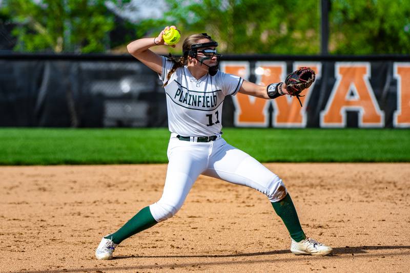 Plainfield Central's Tricia Hogrefe throws the ball to home during a game against Lincoln-Way West  on Friday May 3, 2024 at Lincoln-Way West in New Lenox