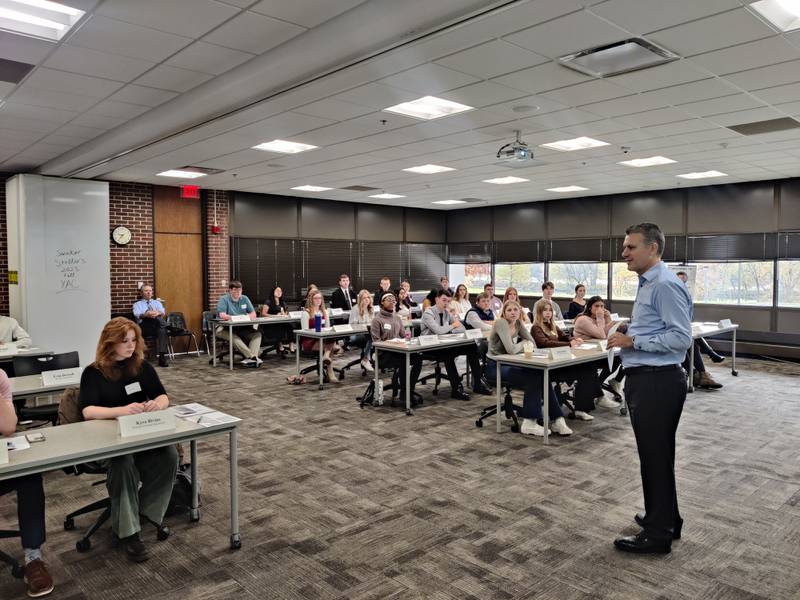 Illinois state Sen. Win Stoller speaks to high school students during the recent Youth Advisory Council meeting at Sauk Valley Community College in Dixon.