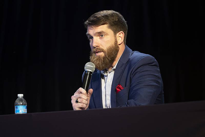 Dixon City Council member Chris Bishop introduces himself Tuesday, March 18, 2025, during a forum for local candidates ahead of the April 1 election. Bishop is running unopposed.