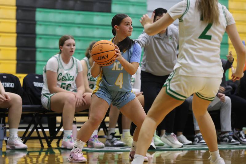 Joliet Catholic’s Addison Farnaus looks to pass against Providence on Saturday, Dec. 5, 2025 in New Lenox.