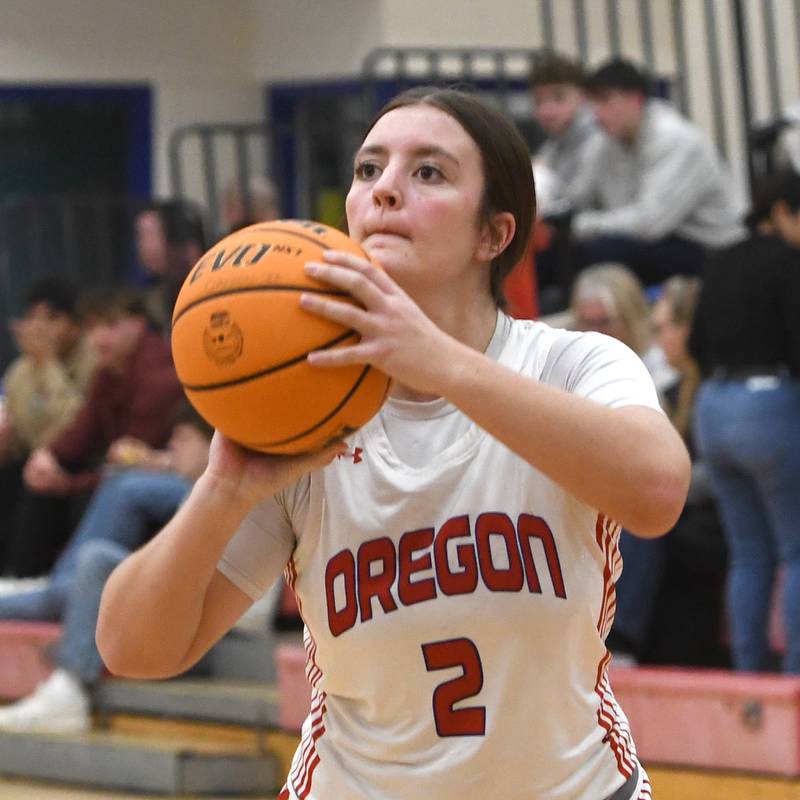 Oregon's Avery Kitzmiller shoots against Genoa-Kingston on Friday, Jan. 30, 2026 at the Blackhawk Center.