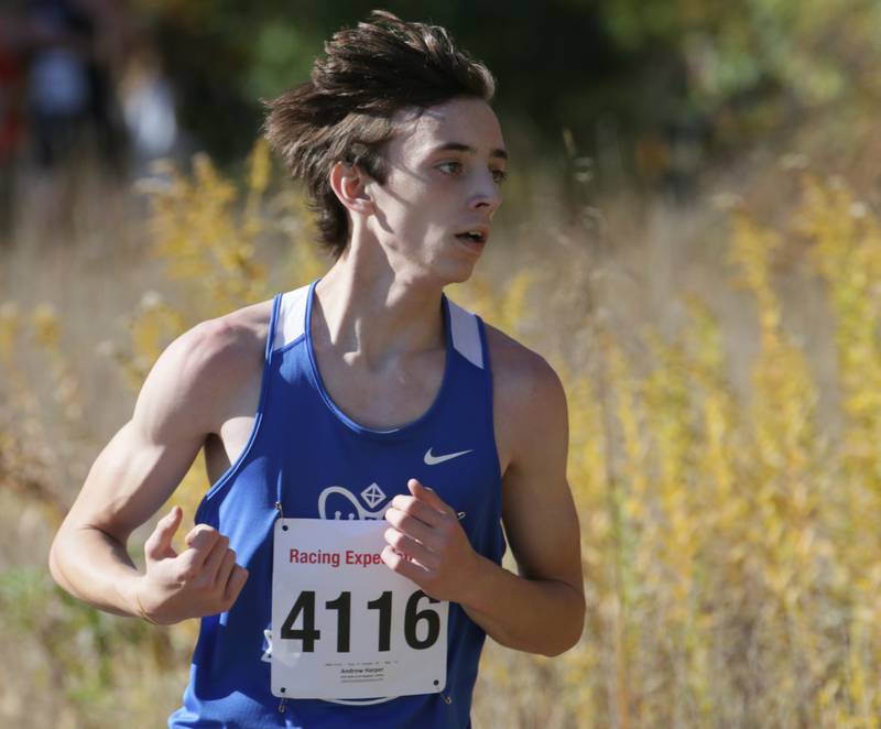 Hinckley's Andrew Harper runs in the Class 1A Regional Cross Country boys race on Saturday, Oct. 22, 2022 at the Seneca FFA Farm in Marseilles.