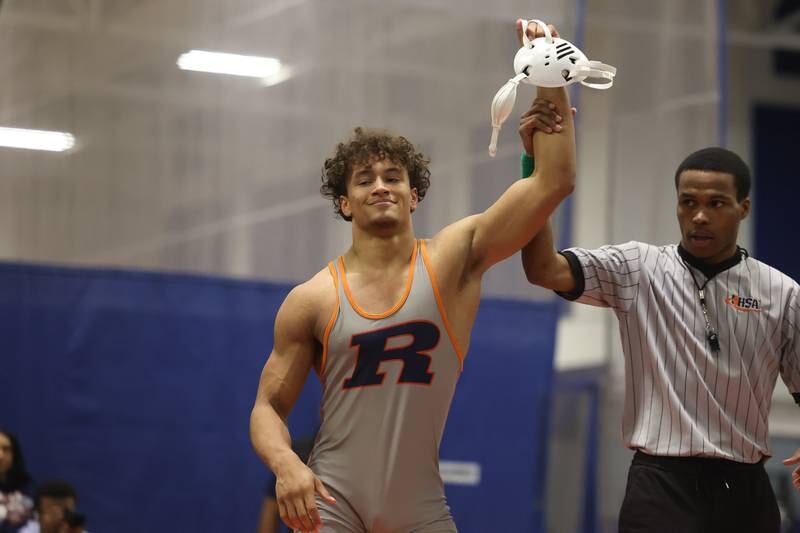 Romeoville’s Mason Gougis wins against Joliet West’s Korey Koser in a dual meet on Thursday, Dec.14th, 2023 in Romeoville.