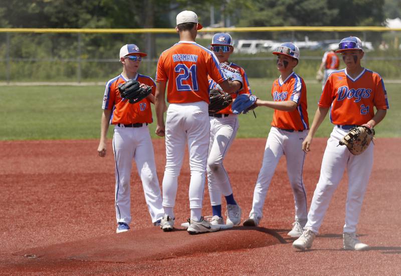 Windy City Hit Dog’s —Offdenkamp’s Brady Hermannis encouraged by his teammates during semi-final baseball game against the Barrington Broncos Red in a Under 13 McHenry County Youth Sports Association’s Summer International Championship baseball tournament on Monday, July 14, 2025, at the Mickey Sund Baseball Complex in Crystal Lake's Lippold Park.