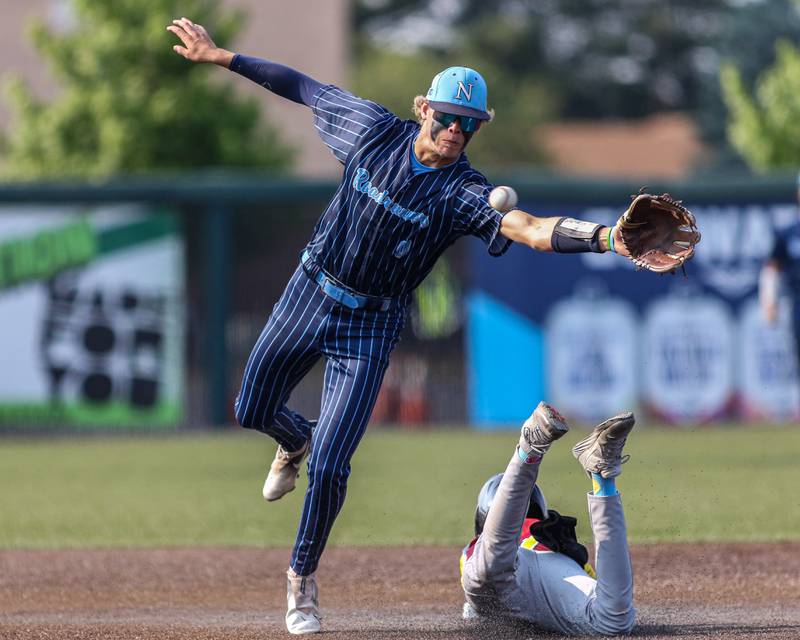 Nazareth's Cooper Malamazian (0) takes the throw at second base during Class 3A Crestwood Supersectional game between Lindblom at Nazareth.  June 5, 2023.