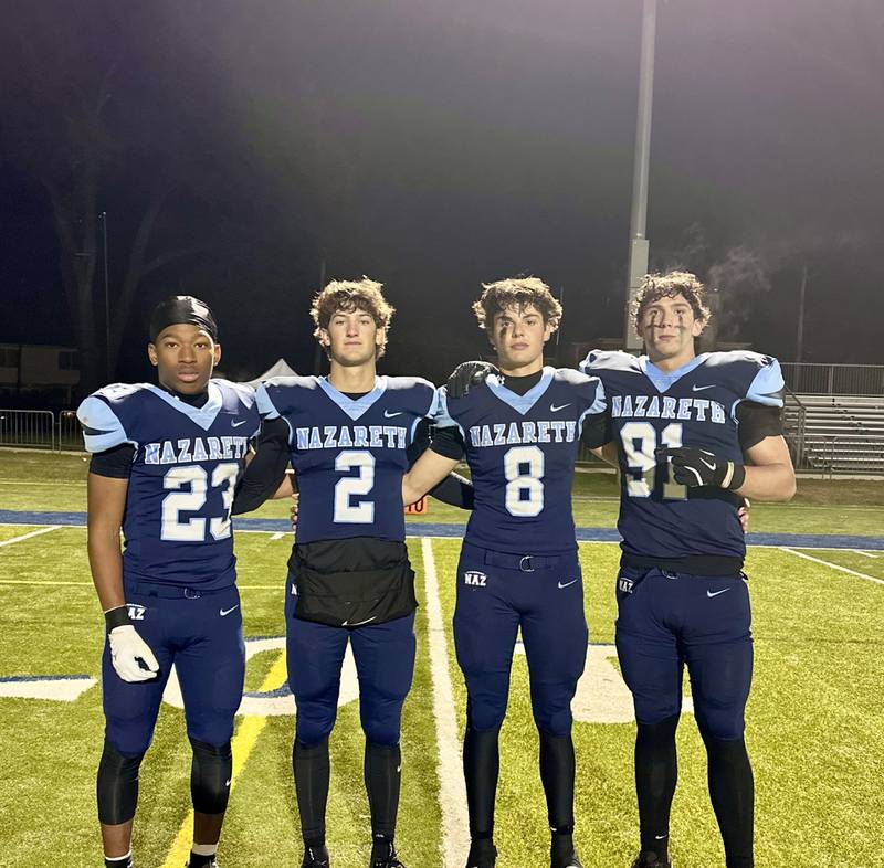 Nazareth defeated St. Francis 42-16 in La Grange Park on Friday night. Above from left to right are Nazareth's Justin Watson, Jackson Failla, Henry Salakas and Chris Kasky.