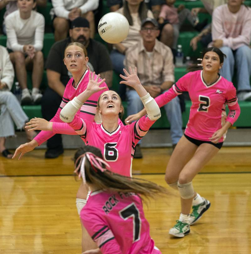Rock Falls' Miley Bickett sets the ball against North Boone Tuesday, Oct. 14, 2025.
