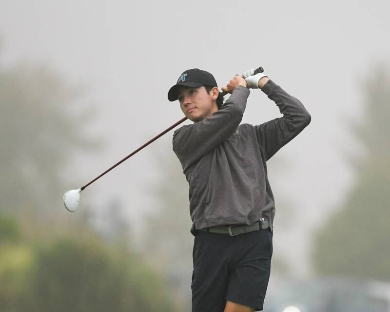 Lyons Township's golfer Anderson Palmer tees off during the West Suburban golf match on Tuesday Sept. 24, 2024, held at Prairie Bluff Golf Course in Crest Hill.