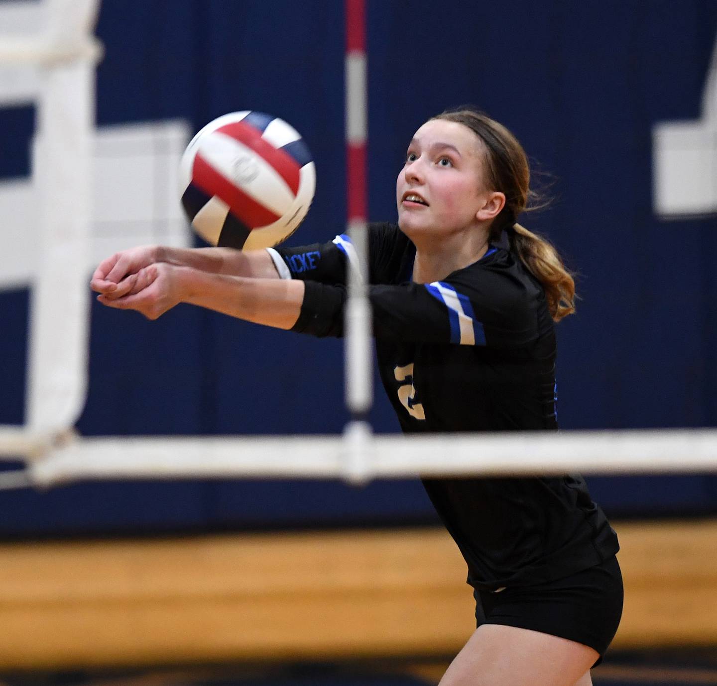 Burlington Central’s Haidyn Schatz runs toward the sideline to keep the ball in play during the Class 3A IC Catholic Prep girls volleyball sectional final against St. Viator on Thursday, Nov. 6, 2025 in Elmhurst.