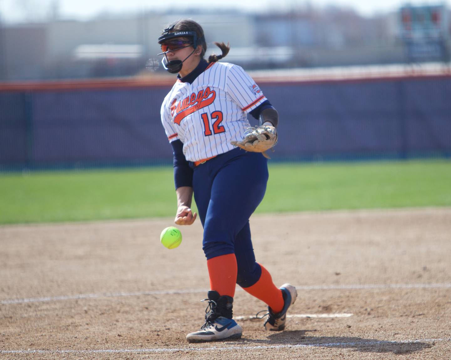 Oswego's Aubriella Garza delivers a pitch against Wheaton Warrenville South on Saturday, April 6, 2024 in Oswego.