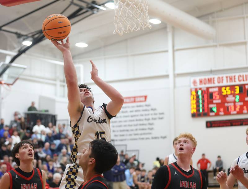 Marquette's Alec Novotney pulls up in the lane to let go of a jump shot against Indian Creek during the Class 1A Sectional game on Friday, March 6, 2026 at Amboy High School.